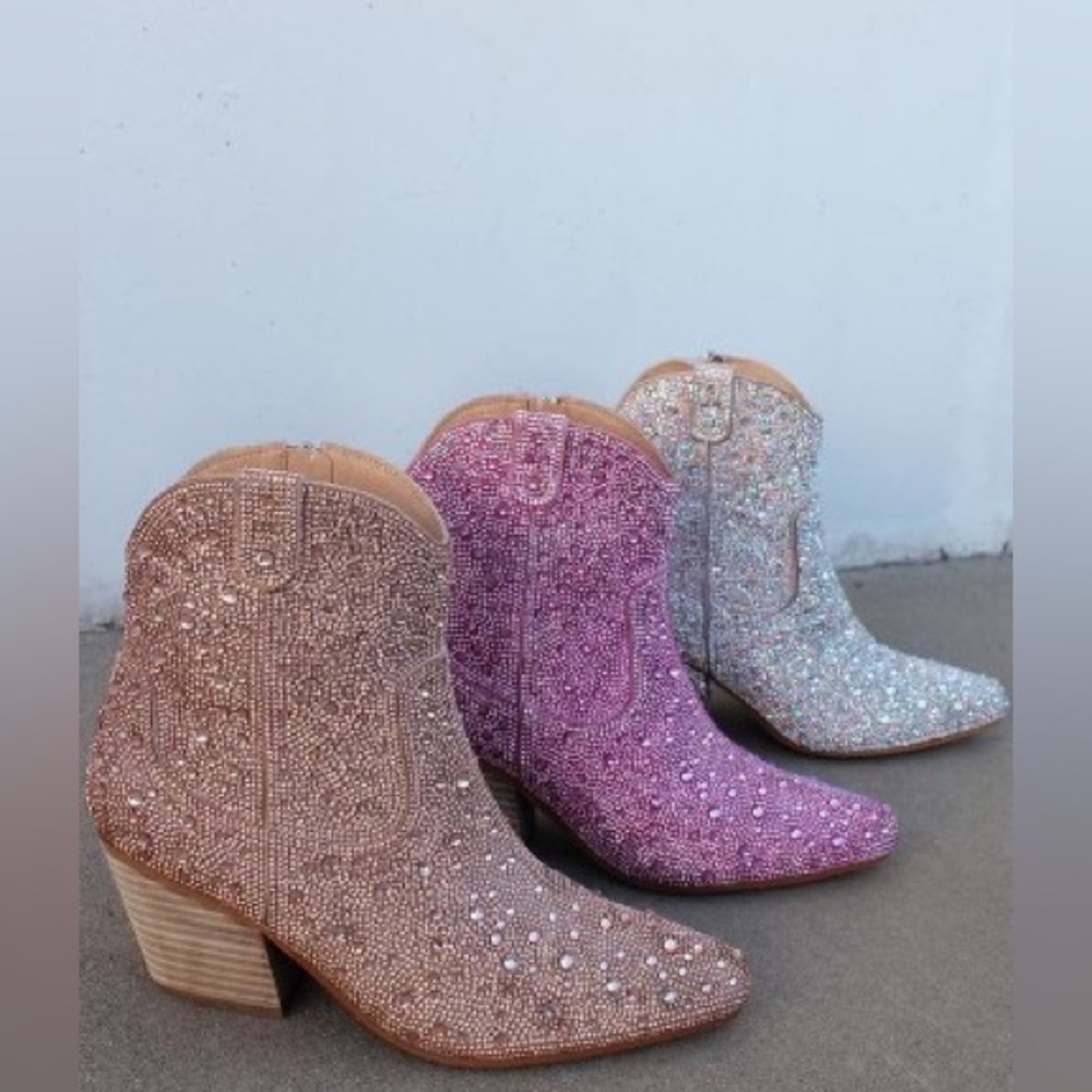 ALICE Silver A/B Rhinestone Embellished Ankle Western Heeled Cowboy Boots - Picture 5 of 6